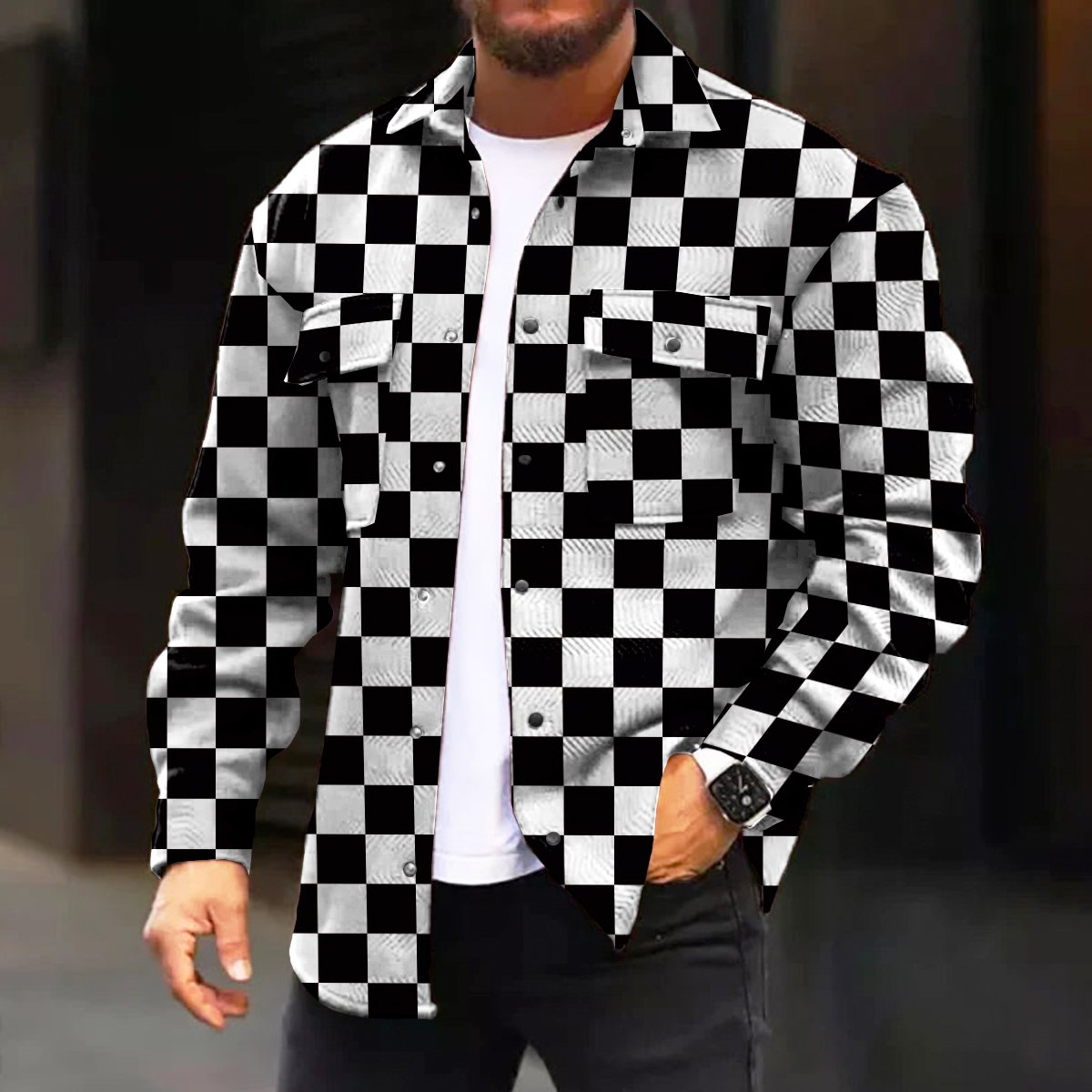 Men's Casual Jacket Fashion Checkerboard Printed Long Sleeve Pocket Jacket