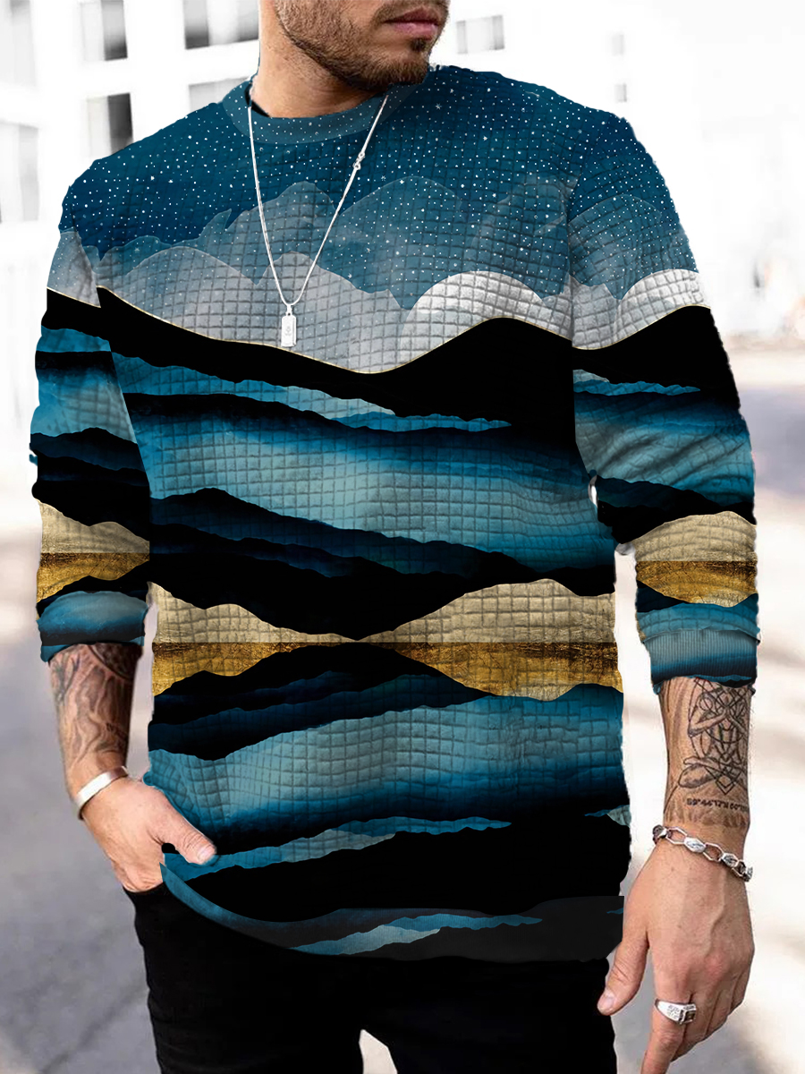 Men's Square Pattern Sweatshirt Art Mountain Print Long Sleeve Sweatshirt