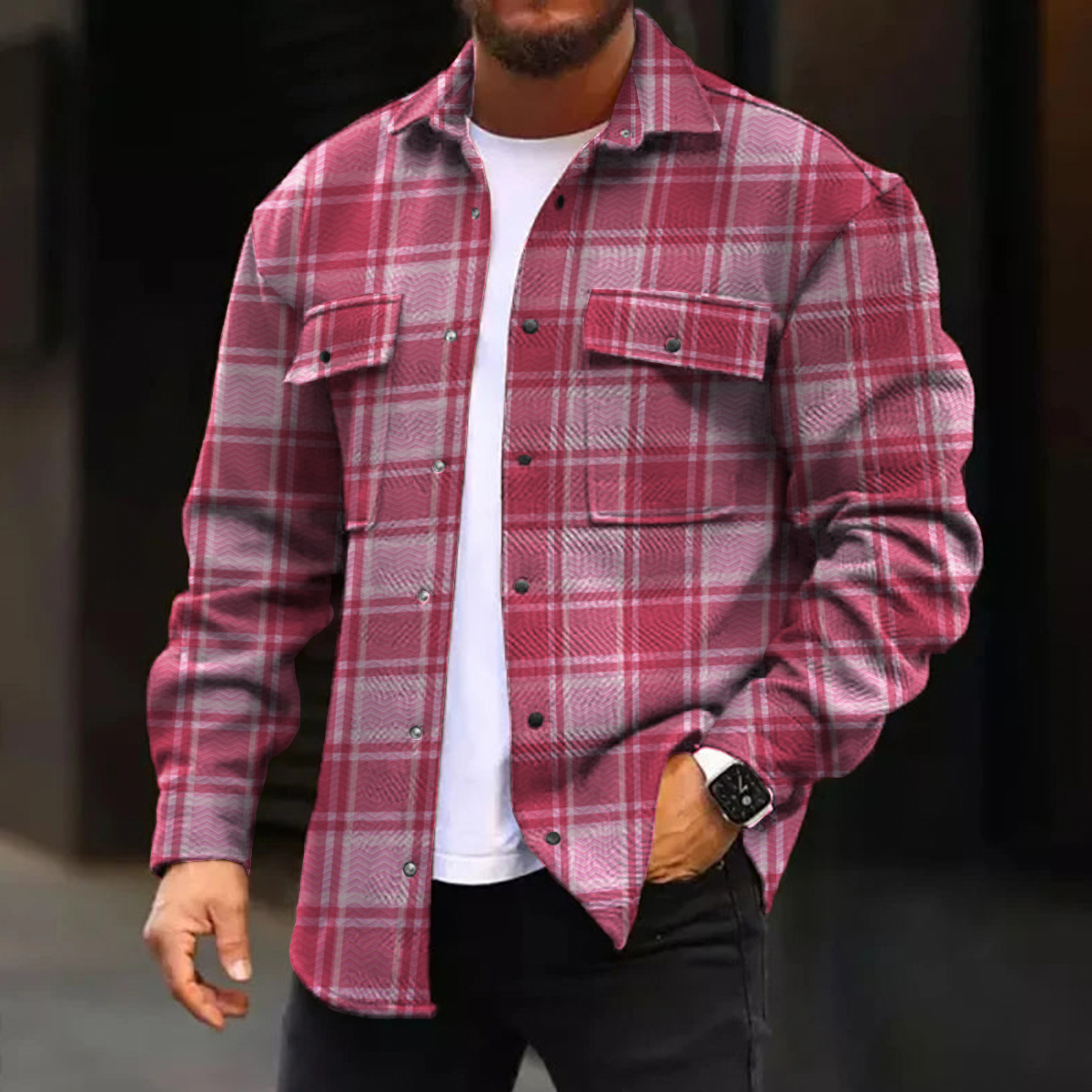 Men's Casual Jacket Vintage Plaid Pattern Long Sleeve Pockets Shirt Jacket