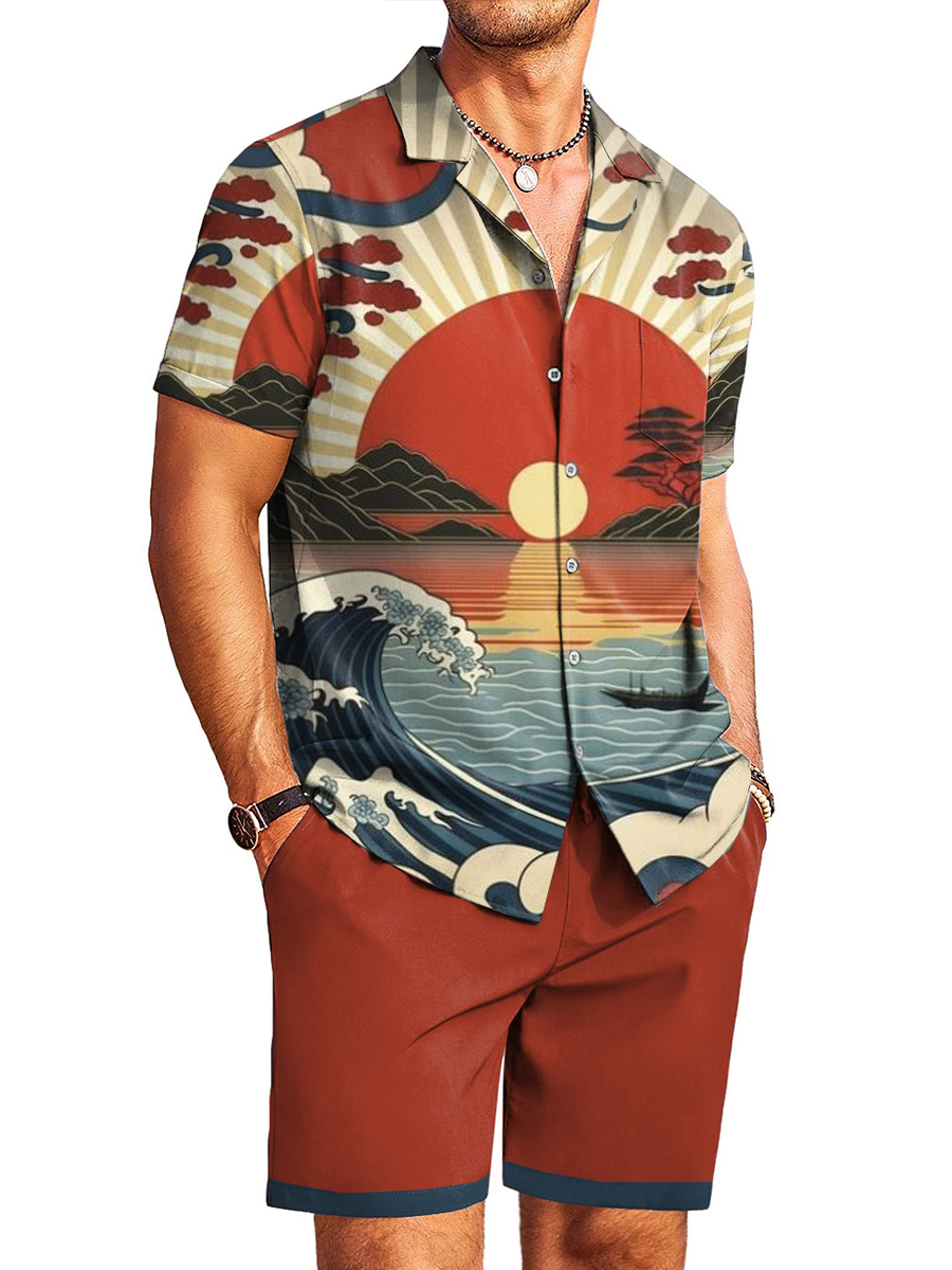 Men's Sets Hawaiian The Sunset Print Button Pocket Two-Piece Shirt Shorts Set