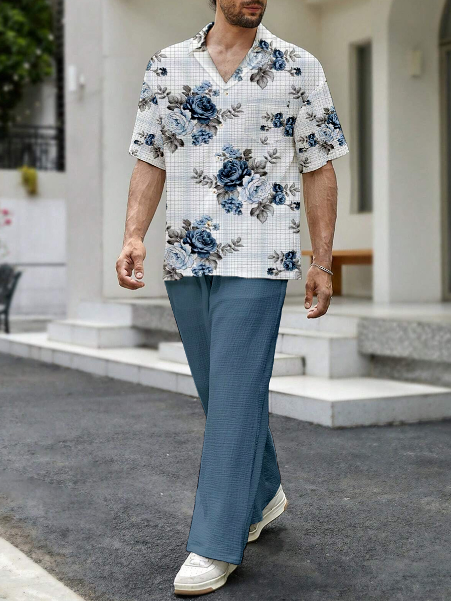 Men's Sets Floral Plaid Print Button Down Wrinkle Free Seersucker Two-Piece Shirt Shorts