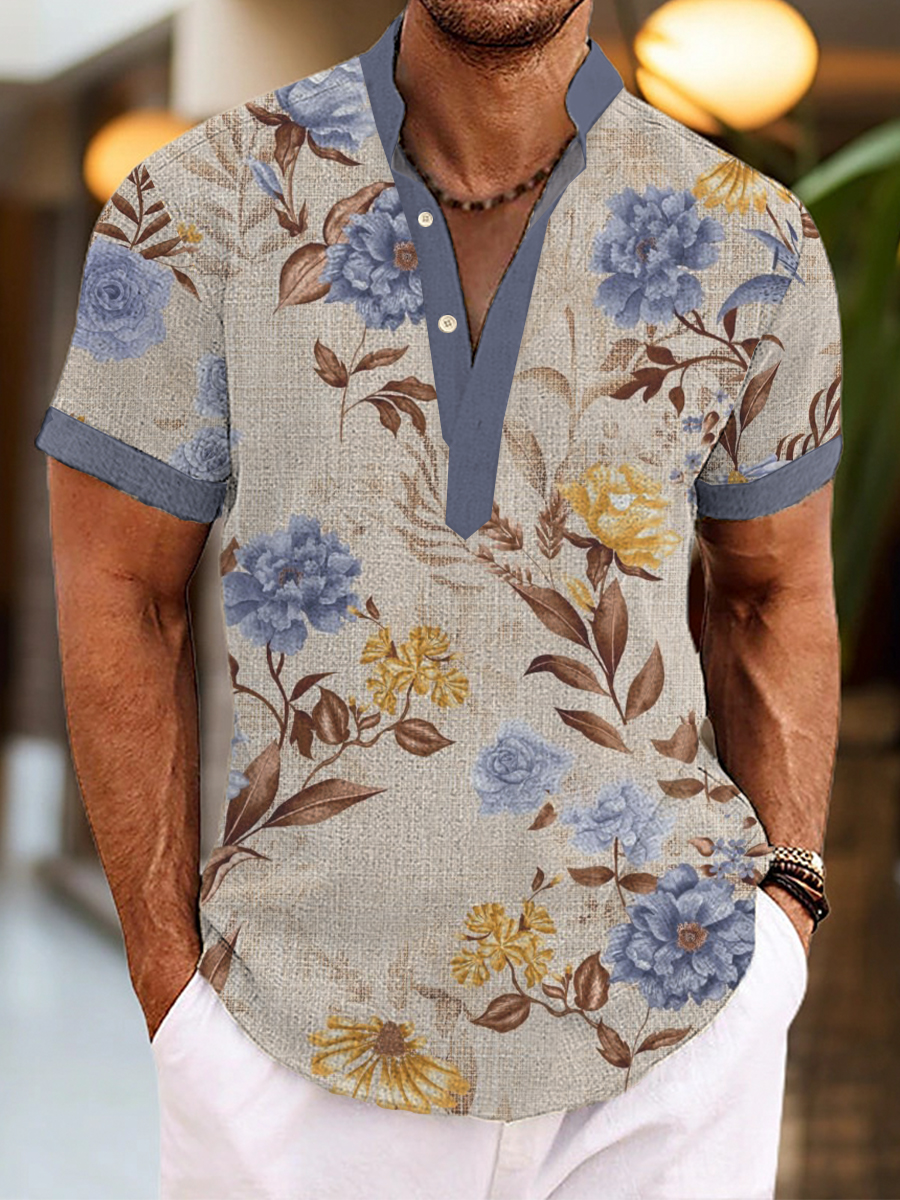 Men's Cotton-Linen Shirts Art Floral Casual Natural Breathable Summer Lightweight Hawaiian Shirts