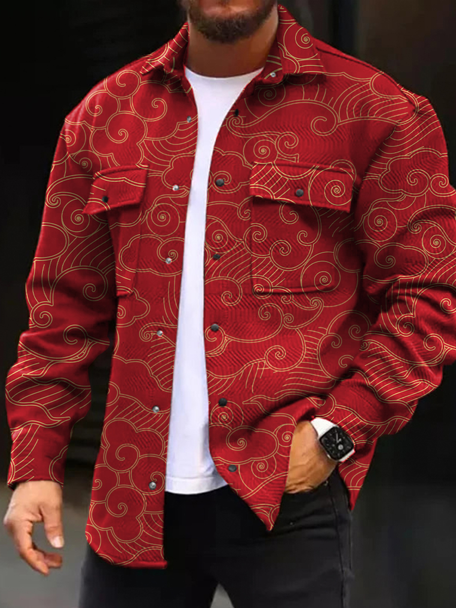 Men's Casual Jacket Fashion Traditional Moiré Pattern Print Long Sleeve Pocket Jacket