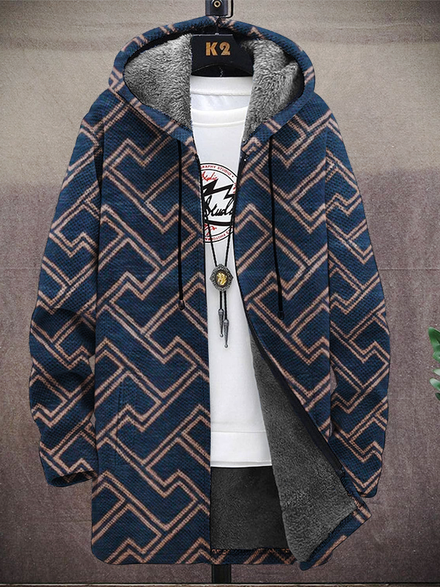 Men's Art Stripes Print Hooded Two-Pocket Fleece Cardigan Jacket