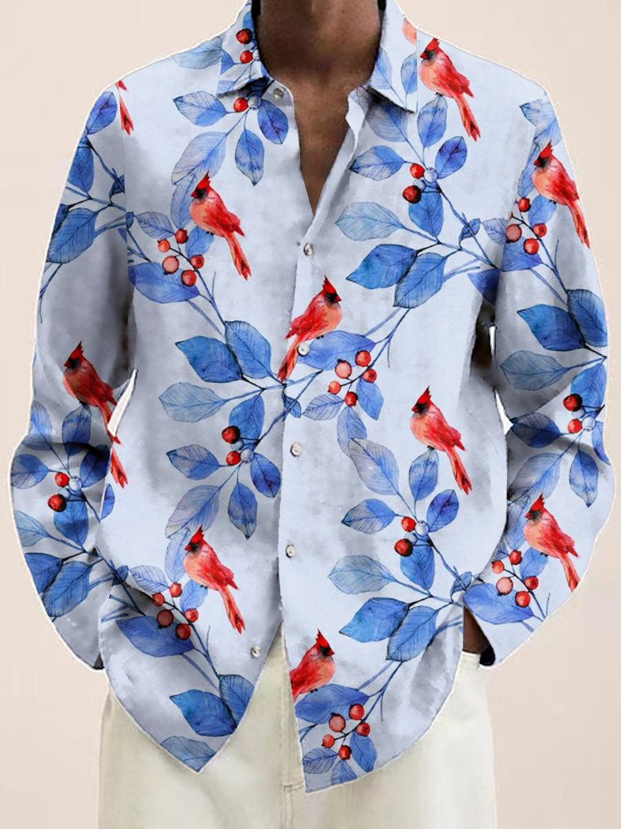 Men's Hawaiian Shirt Blue Leaves Birds Print Casual Vacation Oversized Long Sleeve Shirt