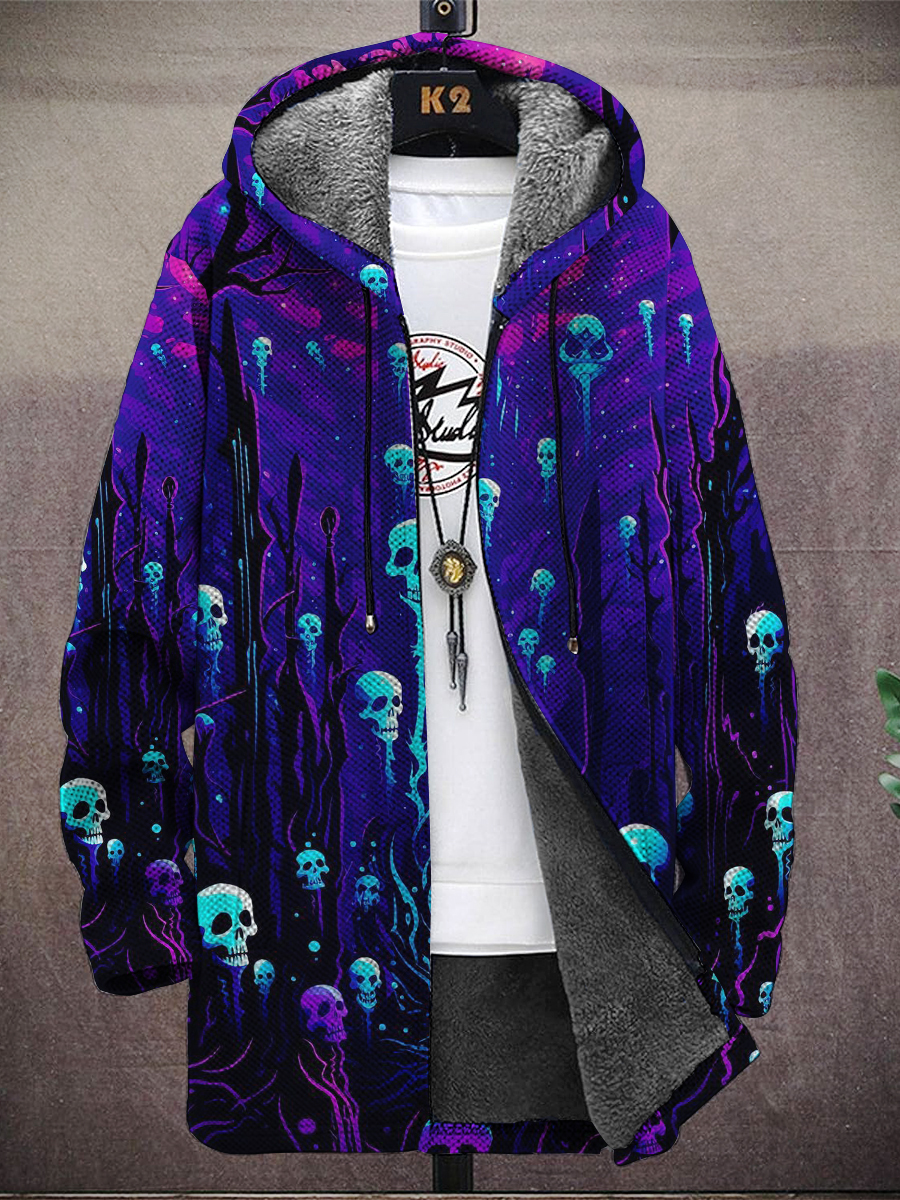 Men's Evaporated Rising Skull Print Hooded Two-Pocket Fleece Jacket