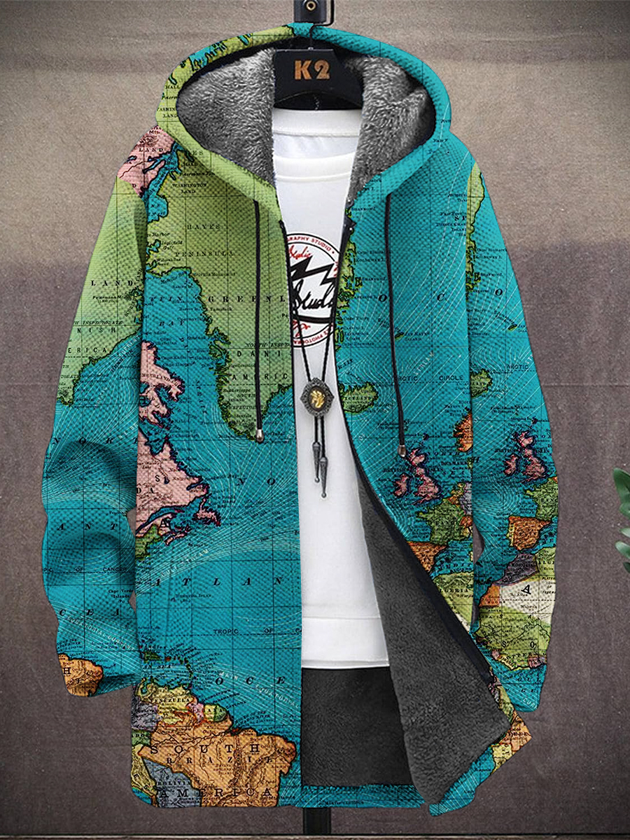 Men's World Map Hooded Two-Pocket Fleece Cardigan Jacket