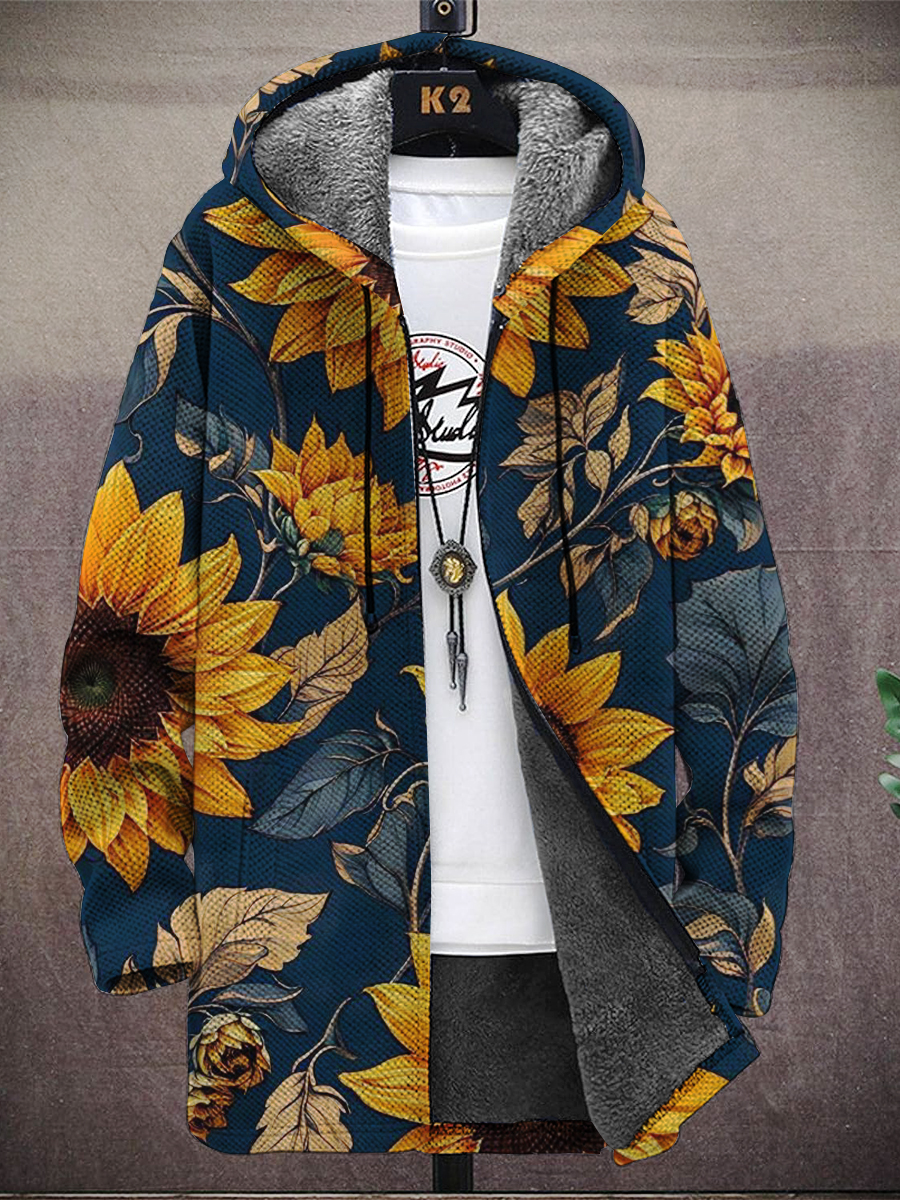 Men's Art Sunflower Print Hooded Two-Pocket Fleece Cardigan Jacket