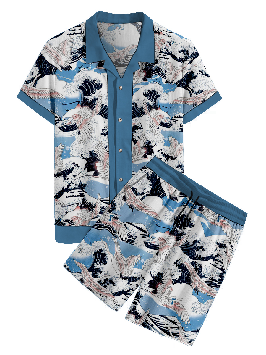 Men's Sets Hawaiian Art Crane Print Button Pocket Two-Piece Shirt Shorts Set