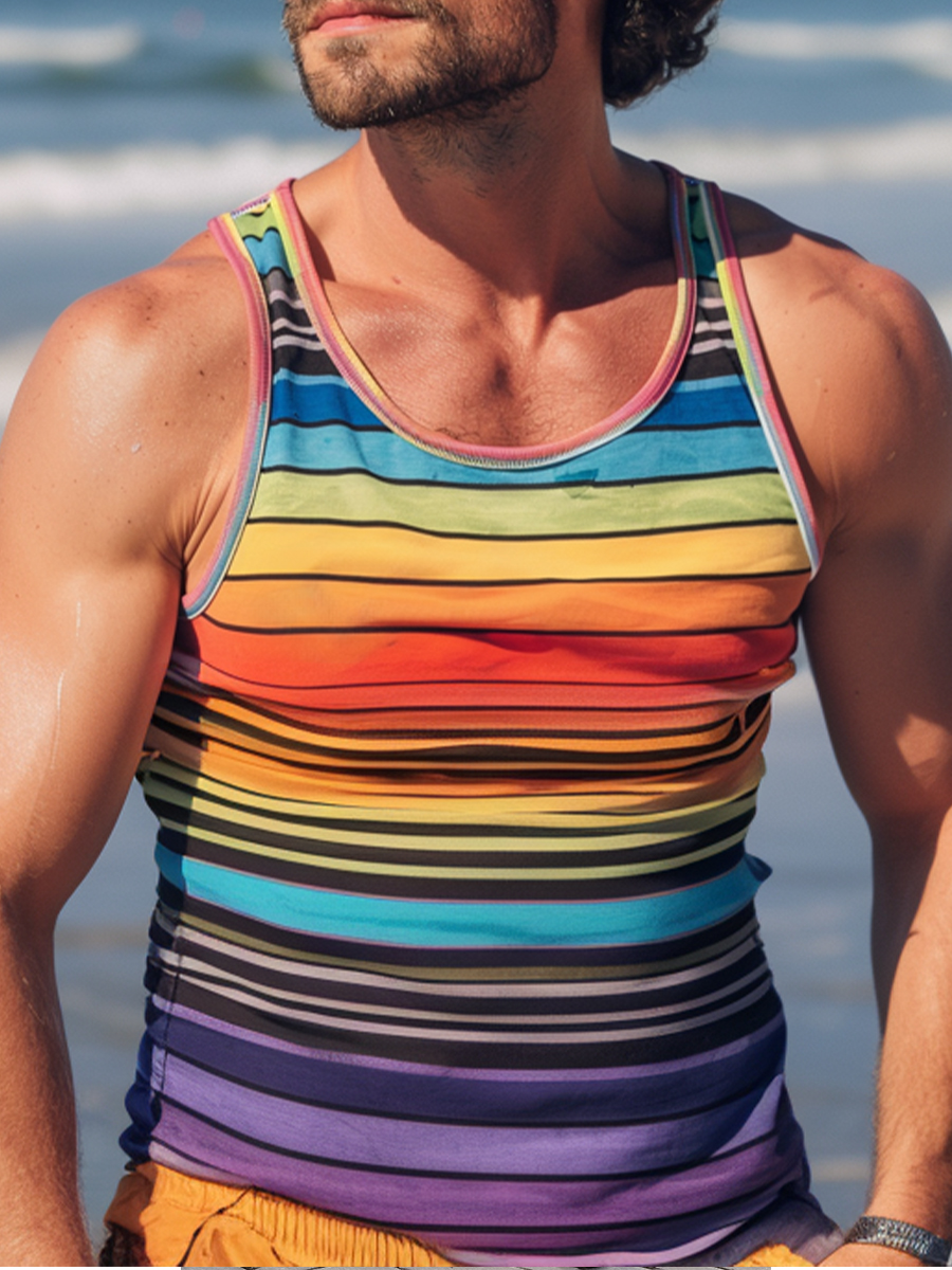 Men's Tank Top Horizontal  Rainbow Stripes Print Crew Neck Tank T-Shirt
