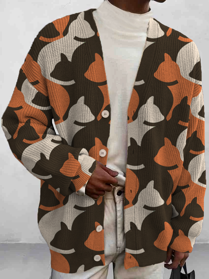 Men's Vintage Cats Art Print Buttoned Cardigan Sweater
