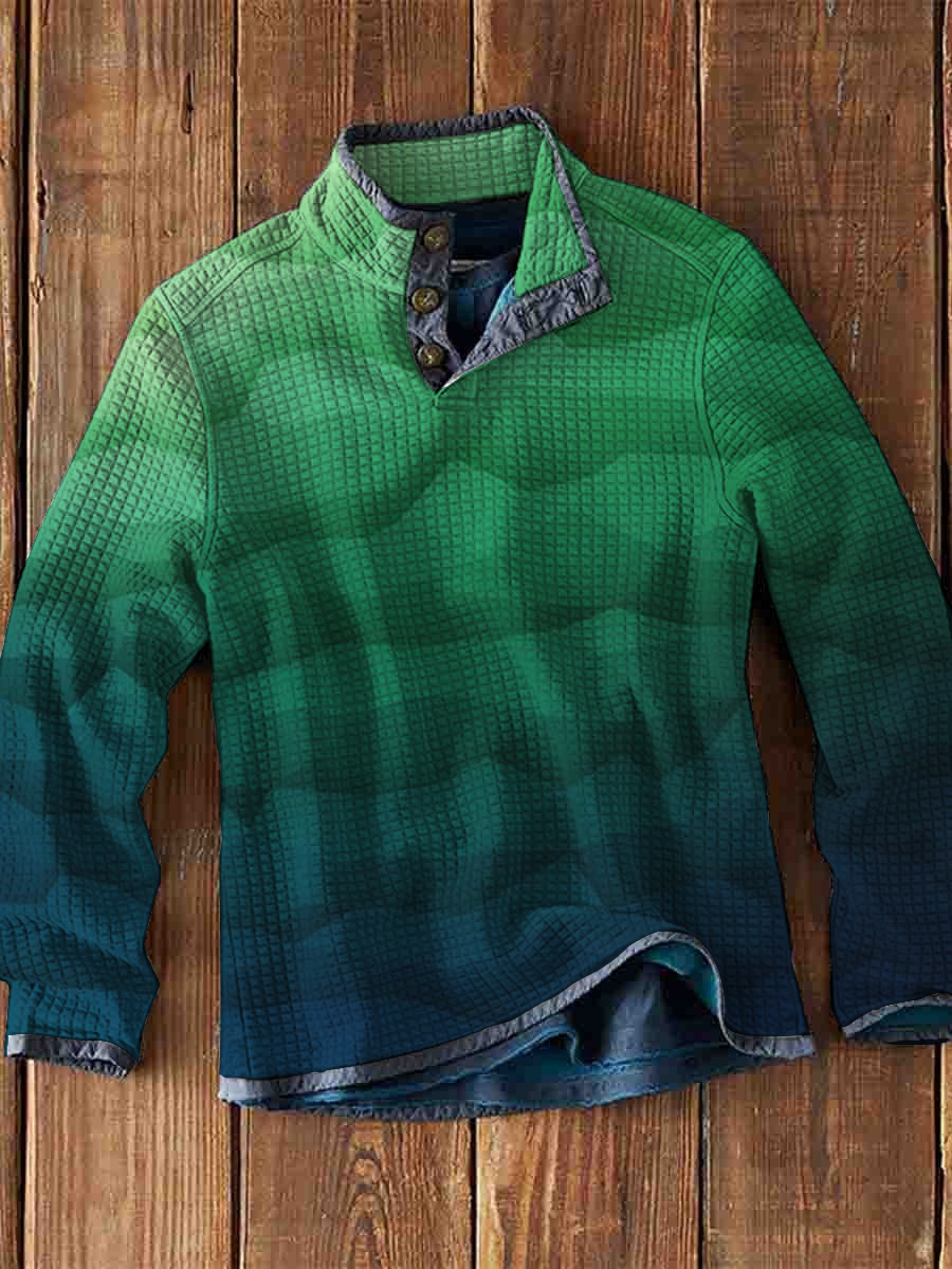 Men's Waffle Polo Gradient Geometric Print Waffle Long Sleeve Button Polo