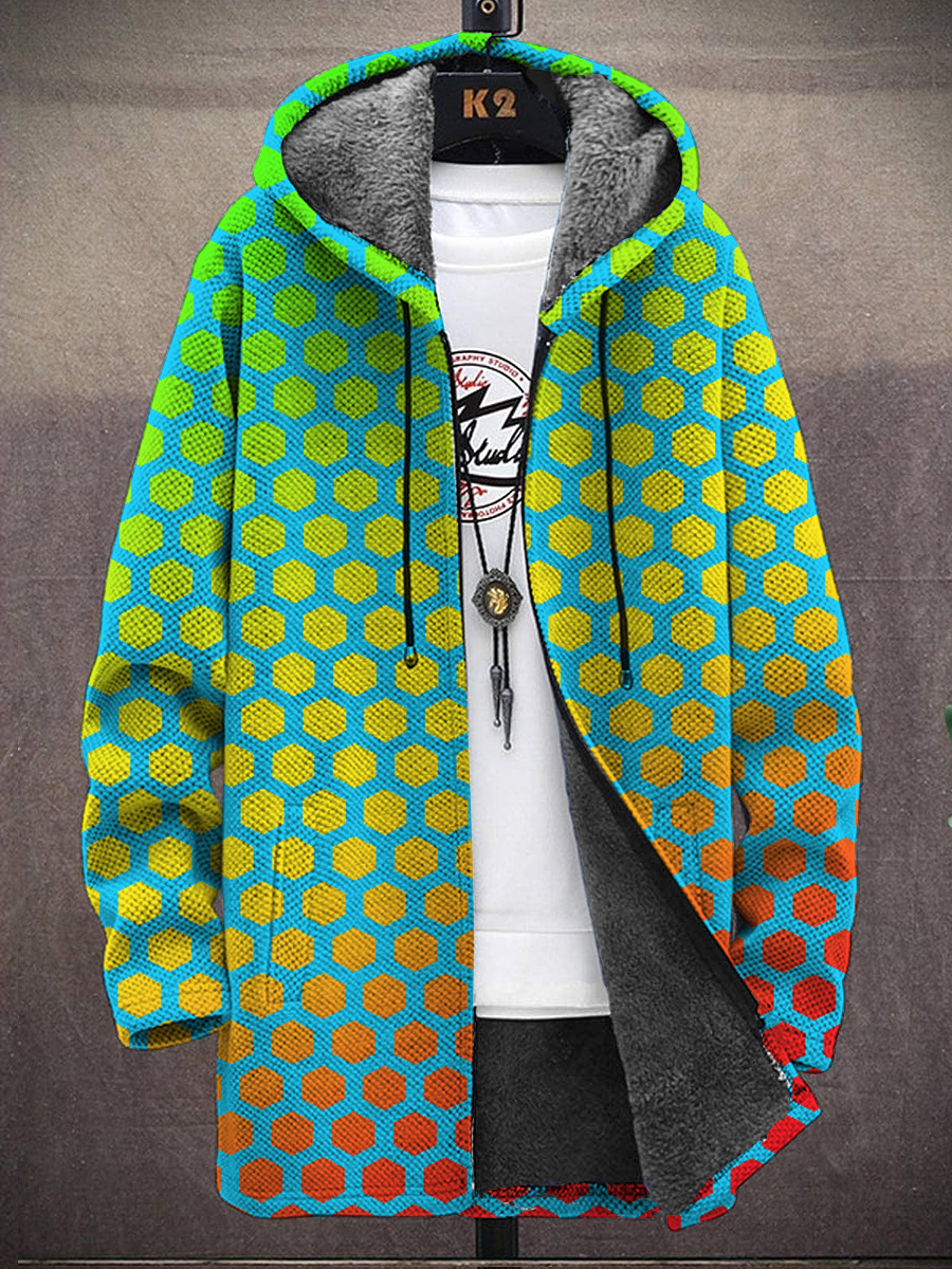 Men's Art Hexagonal Gradient Print Hooded Two-Pocket Fleece Cardigan Jacket