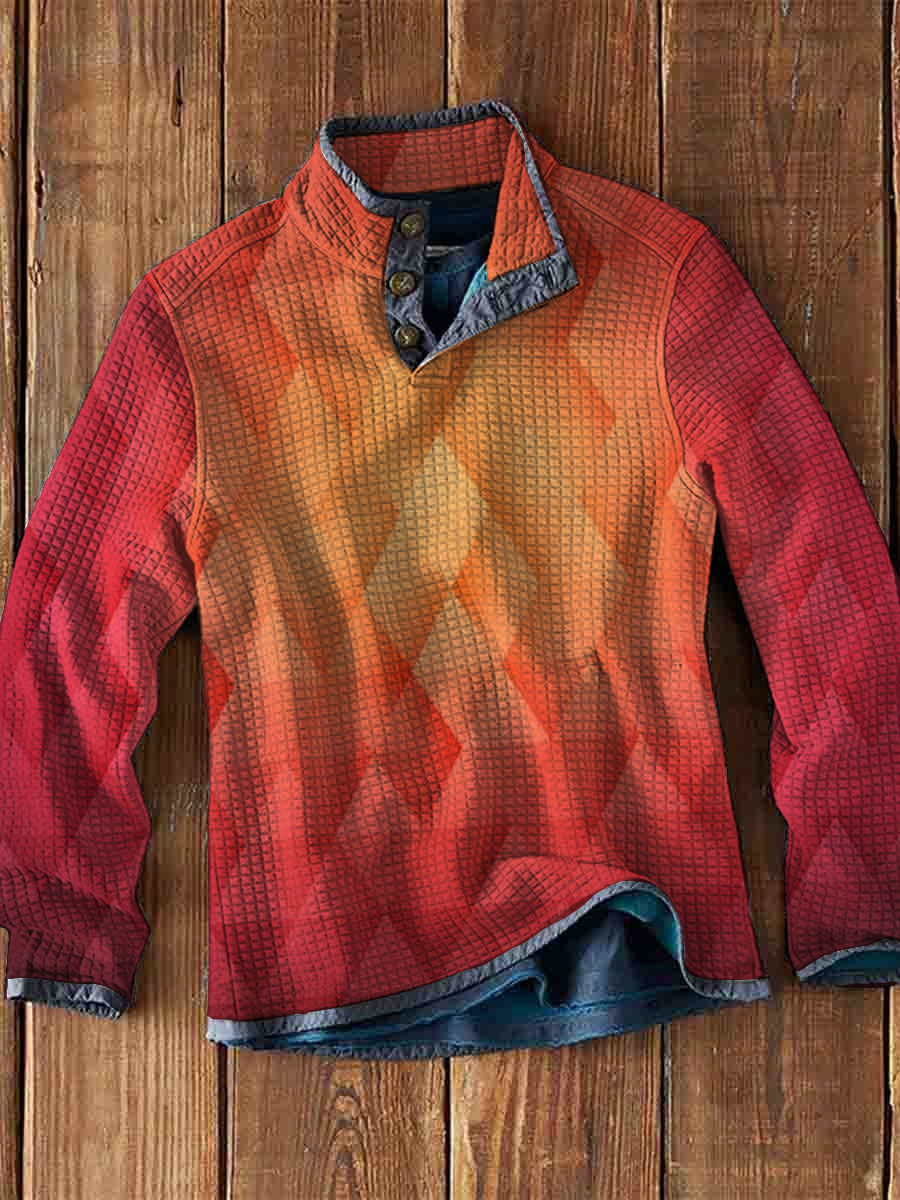 Men's Waffle Polo Gradient Geometric Print Waffle Long Sleeve Button Polo