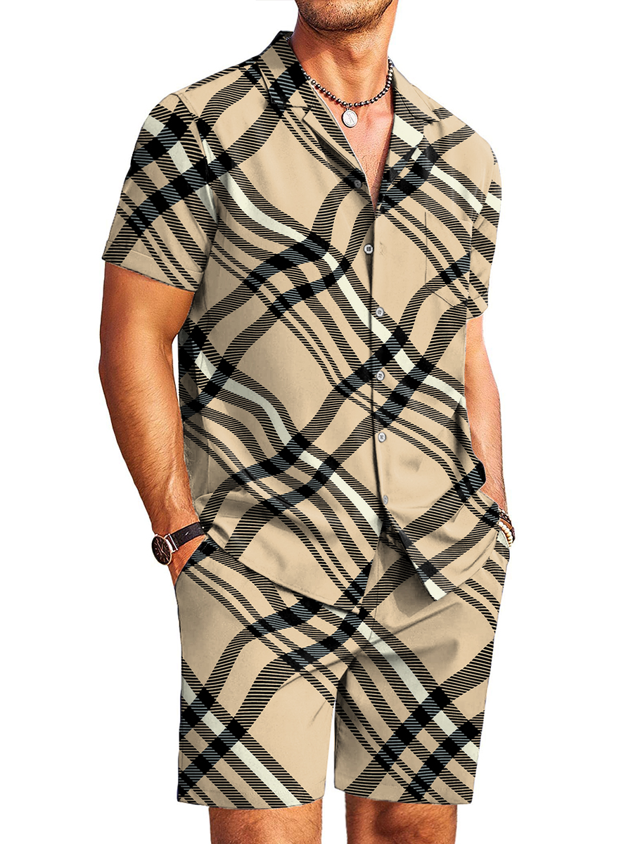 Men's Sets Hawaiian Abstract Plaid Print Button Pocket Two-Piece Shirt Shorts Set