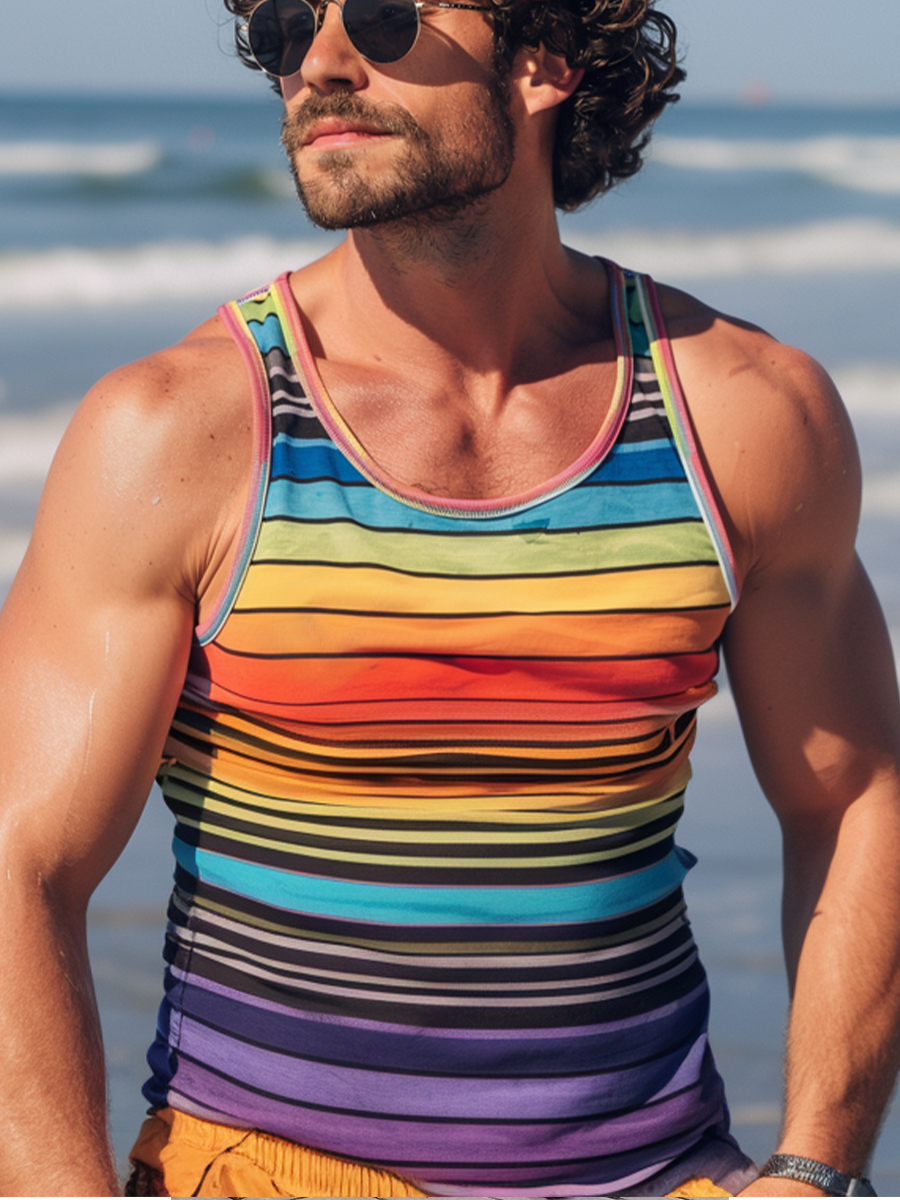Men's Tank Top Horizontal  Rainbow Stripes Print Crew Neck Tank T-Shirt