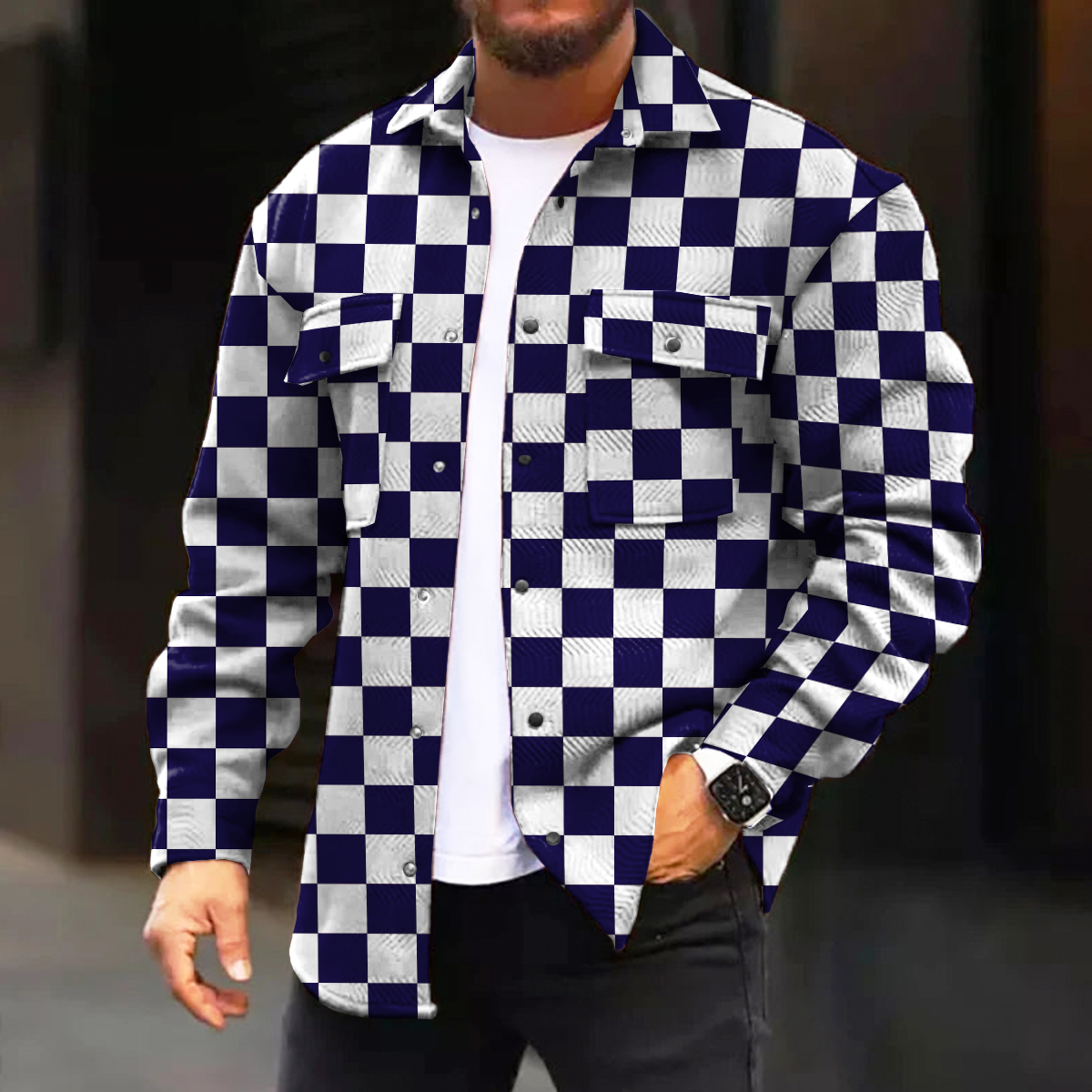 Men's Casual Jacket Fashion Checkerboard Printed Long Sleeve Pocket Jacket