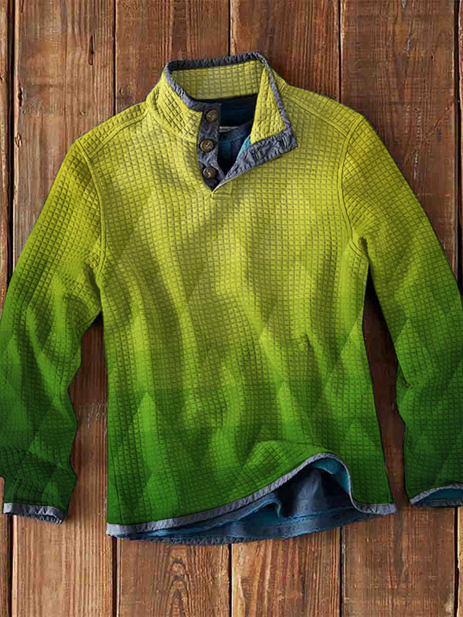 Men's Waffle Polo Gradient Geometric Print Waffle Long Sleeve Button Polo