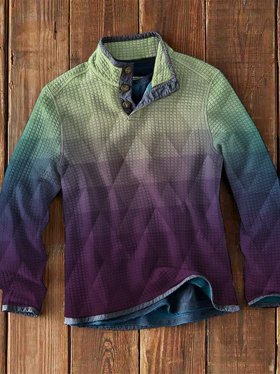 Men's Waffle Polo Gradient Geometric Print Waffle Long Sleeve Button Polo