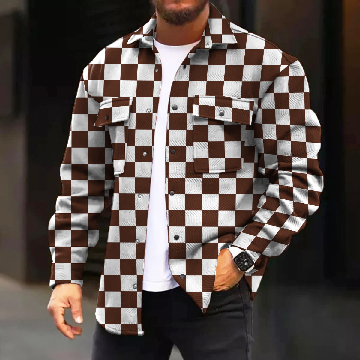 Men's Casual Jacket Fashion Checkerboard Printed Long Sleeve Pocket Jacket