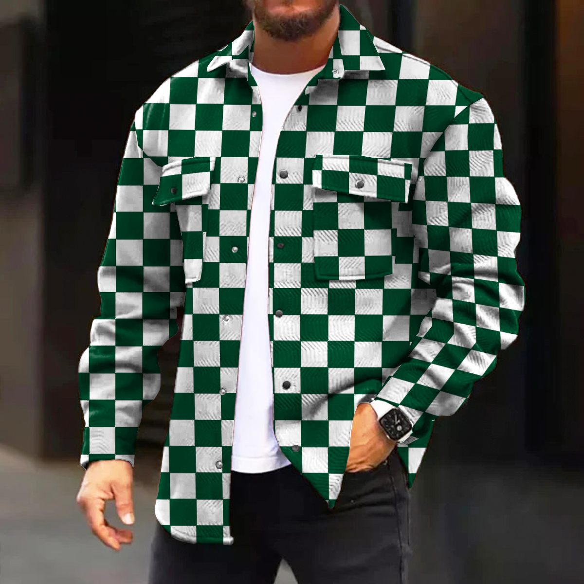 Men's Casual Jacket Fashion Checkerboard Printed Long Sleeve Pocket Jacket