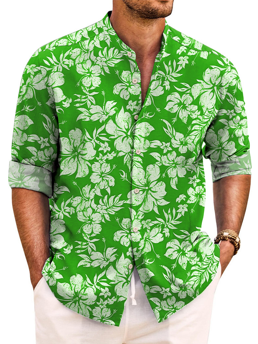 Vintage Hawaiian Shirts Hibiscus Print Easy Care Aloha Long Sleeve Shirts