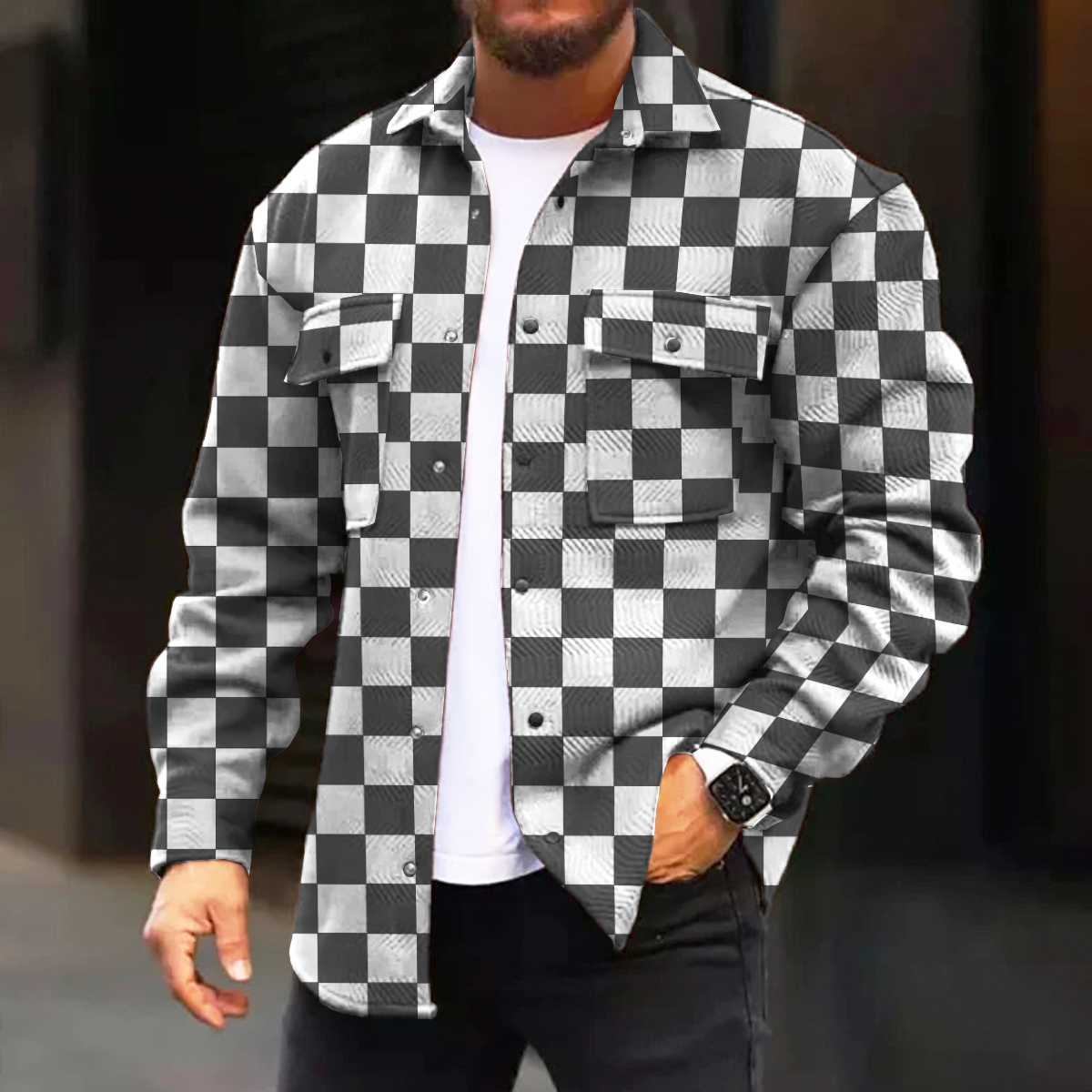 Men's Casual Jacket Fashion Checkerboard Printed Long Sleeve Pocket Jacket