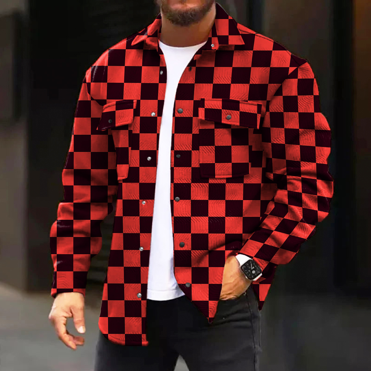 Men's Casual Jacket Fashion Checkerboard Printed Long Sleeve Pocket Jacket