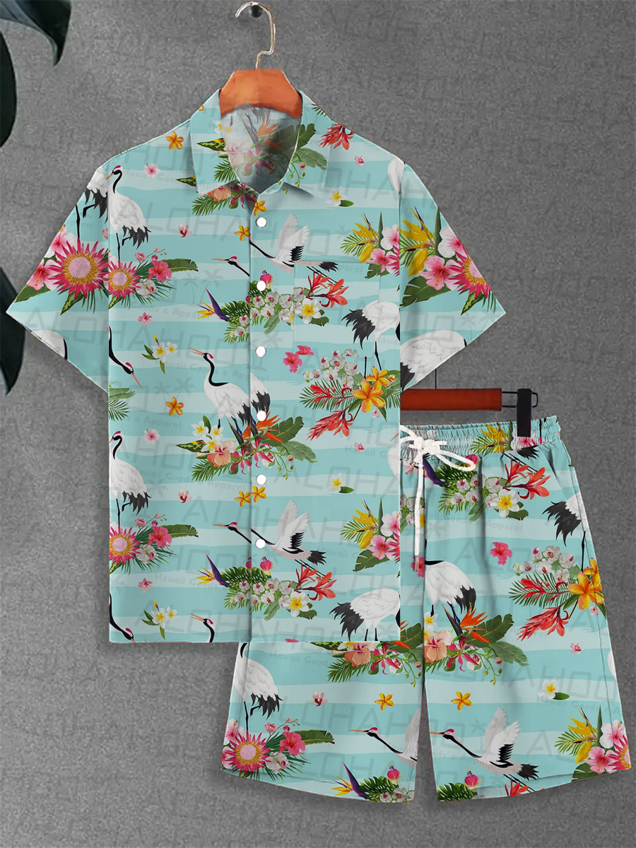 Men's Sets White Crane Print Button Pocket Two-Piece Shirt Shorts Set