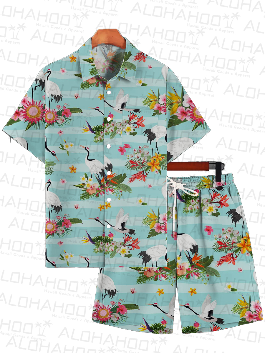 Men's Sets White Crane Print Button Pocket Two-Piece Shirt Shorts Set