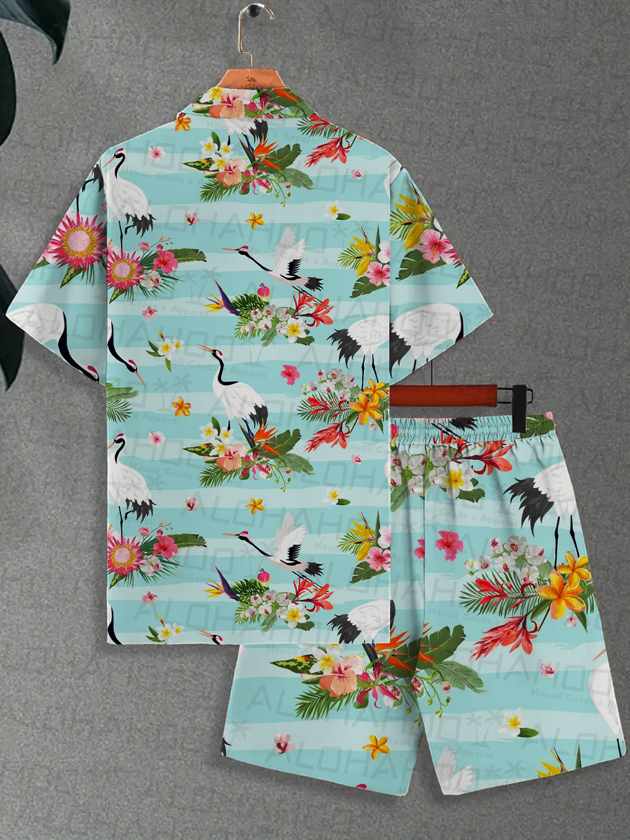 Men's Sets White Crane Print Button Pocket Two-Piece Shirt Shorts Set