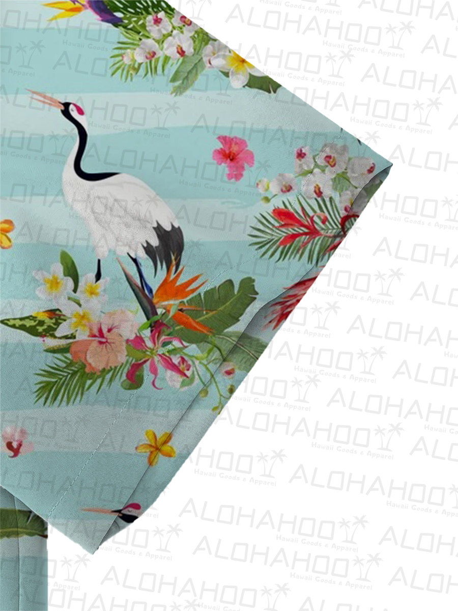 Men's Sets White Crane Print Button Pocket Two-Piece Shirt Shorts Set