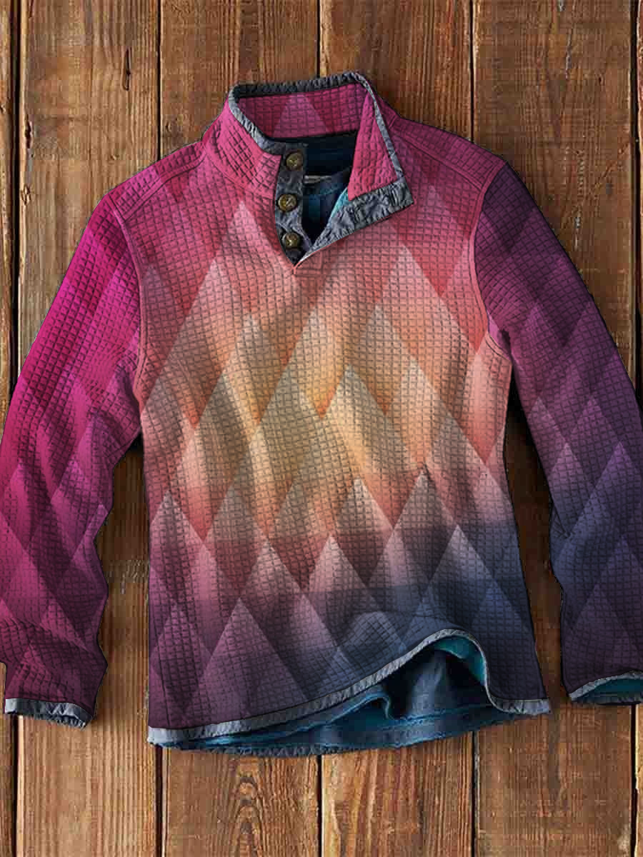 Men's Waffle Polo Gradient Geometric Print Waffle Long Sleeve Button Polo