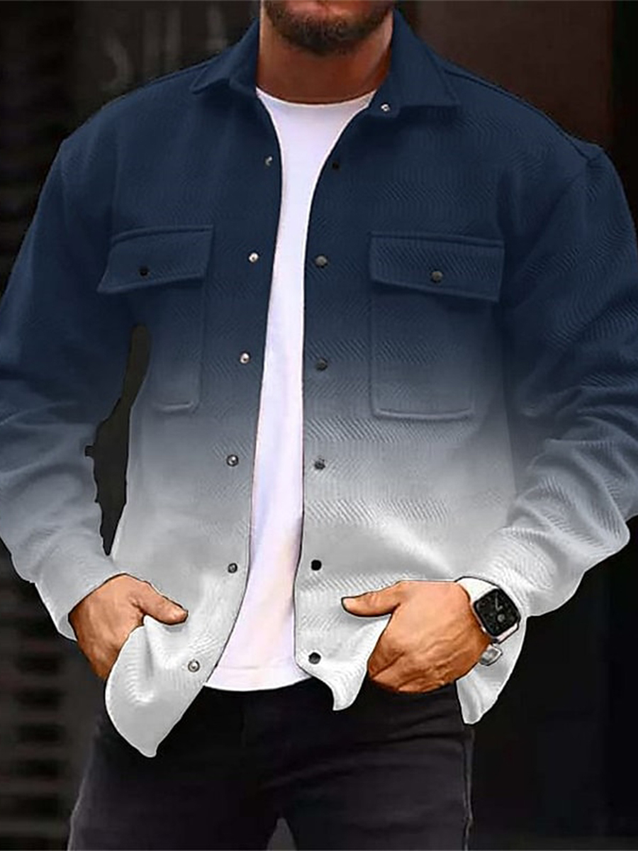 Men's Casual Jacket Gradient Color Print Long Sleeve Pockets Shirt Jacket