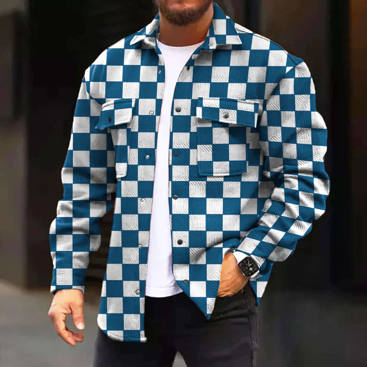 Men's Casual Jacket Fashion Checkerboard Printed Long Sleeve Pocket Jacket