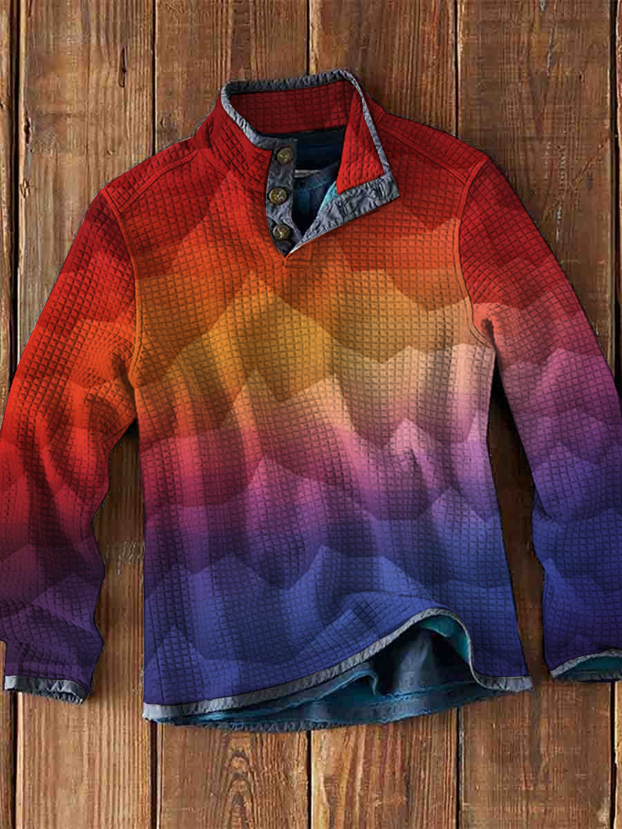 Men's Waffle Polo Gradient Geometric Print Waffle Long Sleeve Button Polo