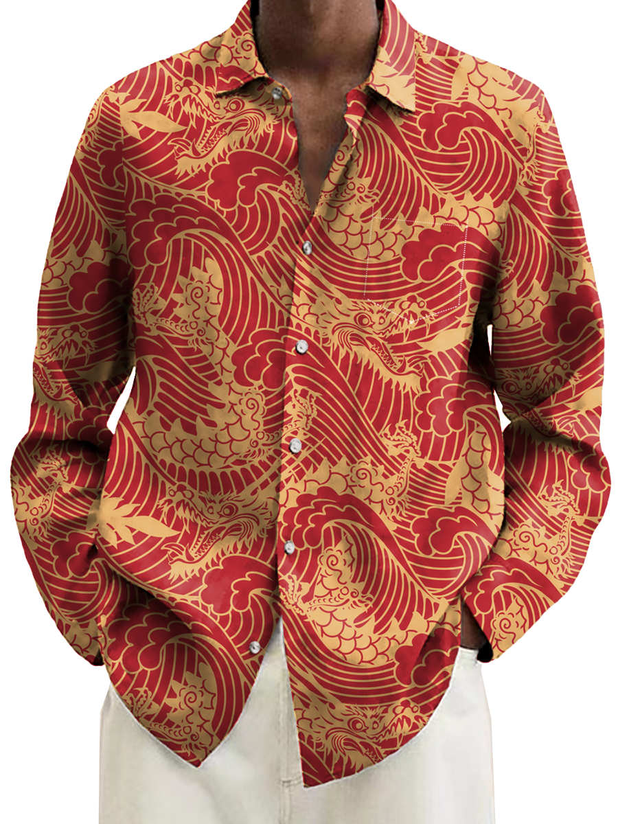 Japanese Style Retro Dragon Print Long Sleeve Hawaiian Shirt