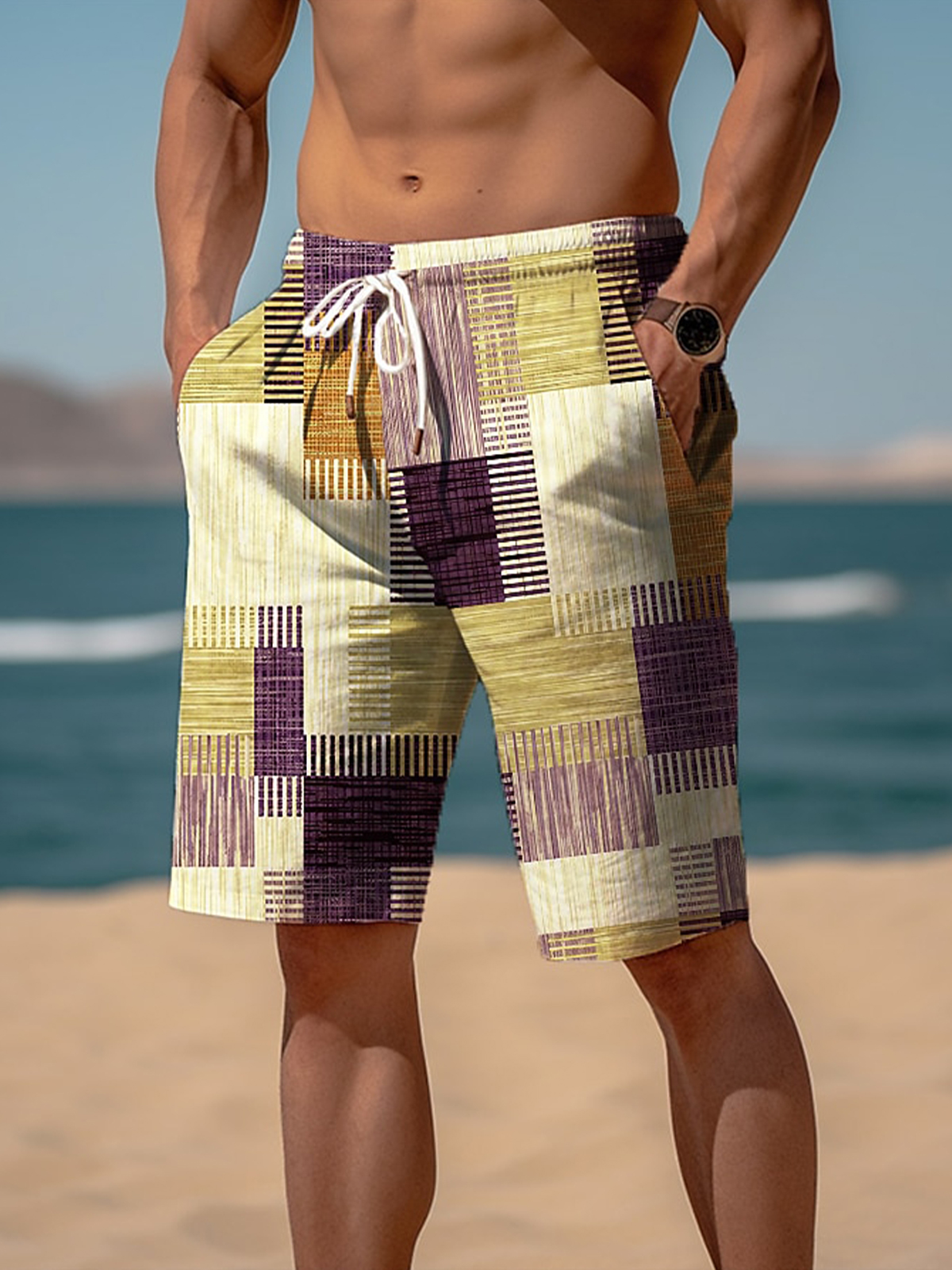 Men's Shorts Drawstring Elastic Waist 3D Print Graphic Plaid Beach Shorts