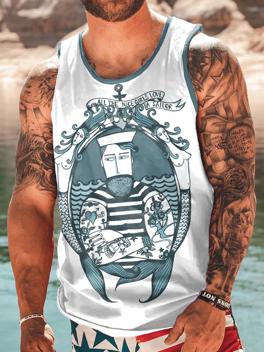 Men's Tank Top Nautical Art Print Crew Neck Tank T-Shirt