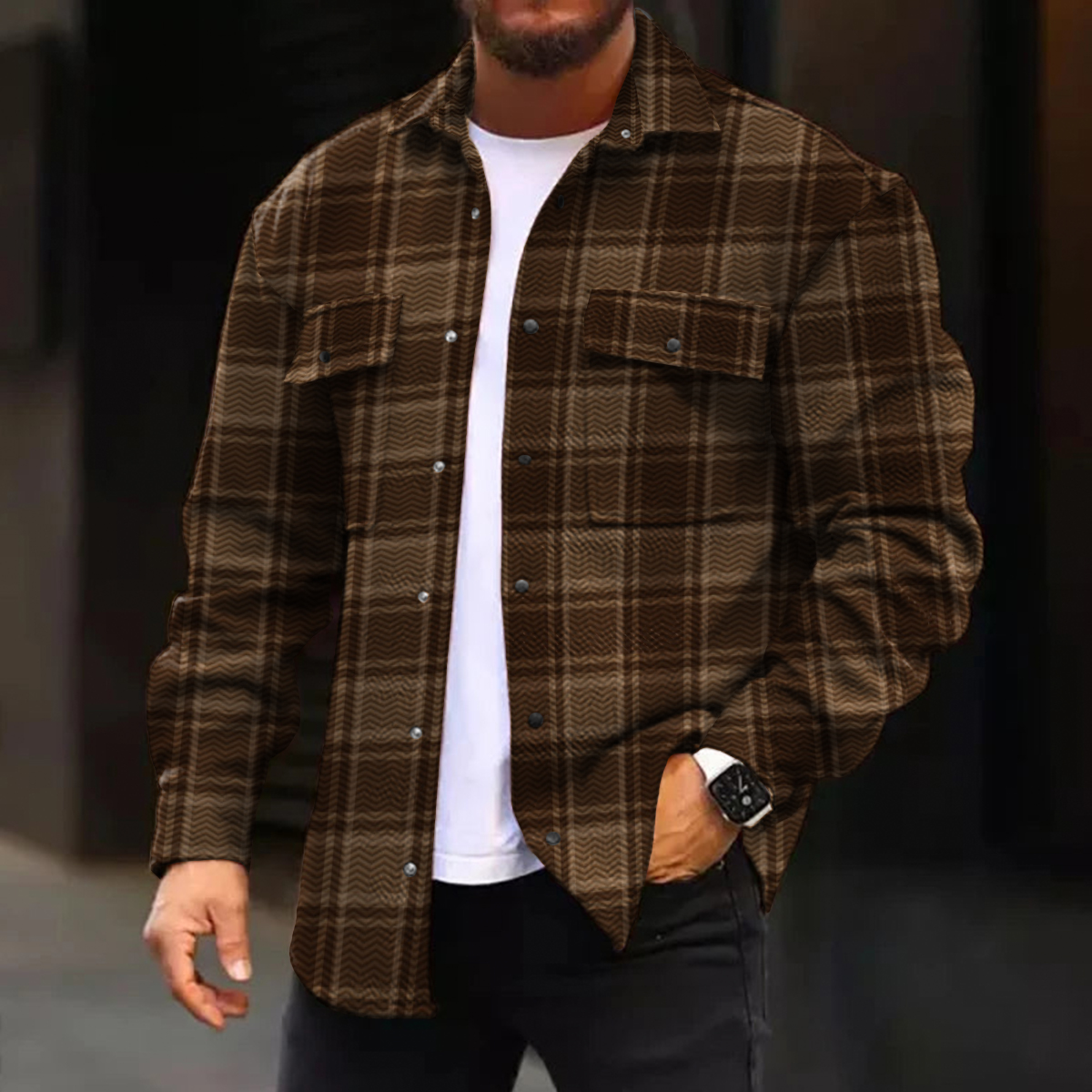 Men's Casual Jacket Vintage Plaid Pattern Long Sleeve Pockets Shirt Jacket