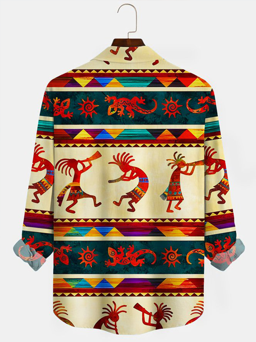 Men's Shirt 50's Vintage Aztec Ethnic Print Vintage Button Pocket Long Sleeve Shirt