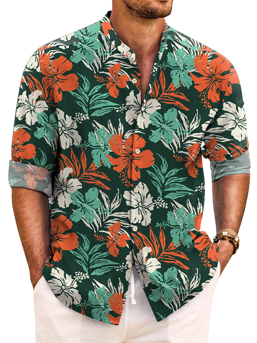 Tropical Hibiscus Print Long Sleeve Band Collar Hawaiian Shirt