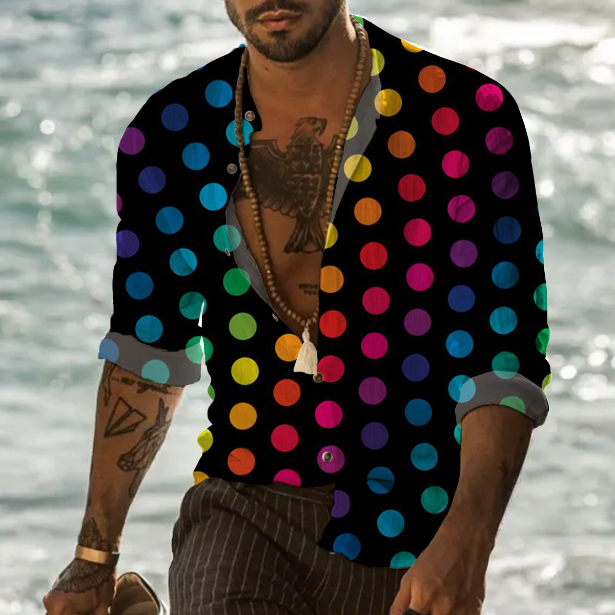 Retro Colorful Polka Dots Pattern Easy Care Aloha Long Sleeve Shirts