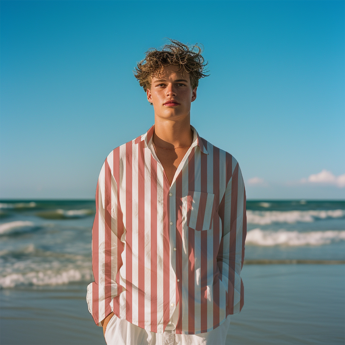 Basic Stripes Pattern Long Sleeve Pocket Hawaiian Shirt