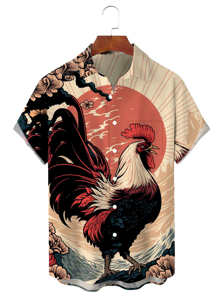 Vintage Ukiyoe Rooster Print Men's Button Pocket Shirt