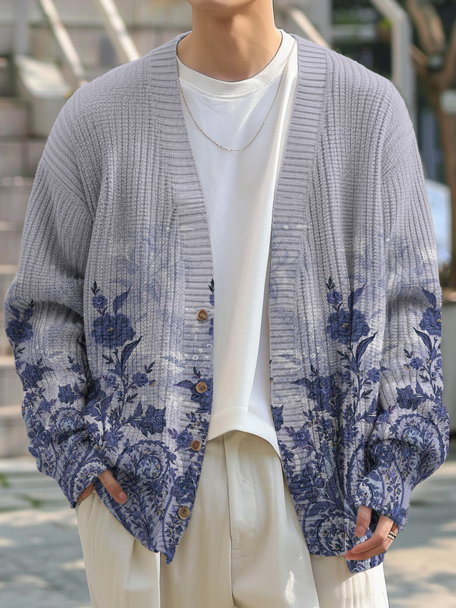 Men's Sweater Hand Drawn Floral Printed Buttoned Cardigan Sweater