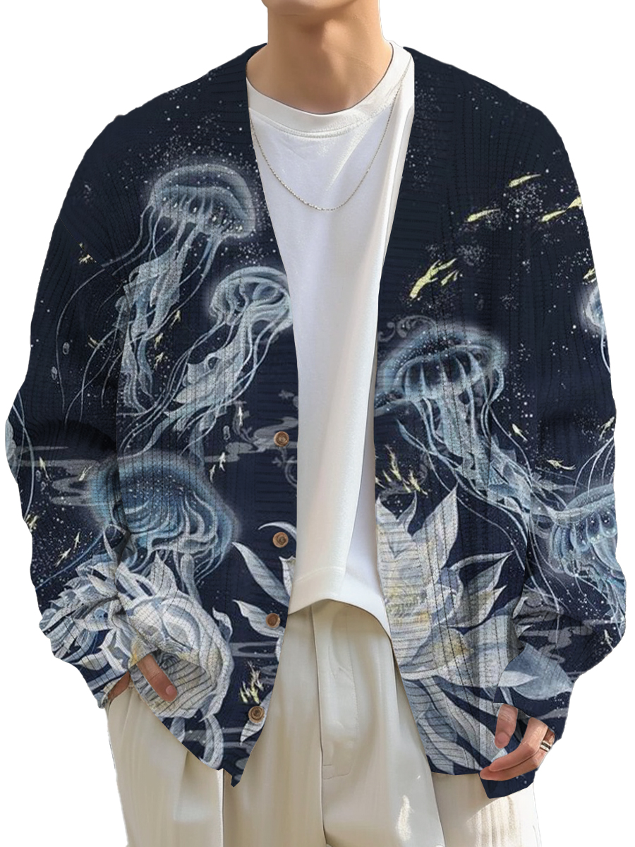 Men's Sweater Stylish Hand Drawn Jellyfish Printed Buttoned Cardigan Sweater