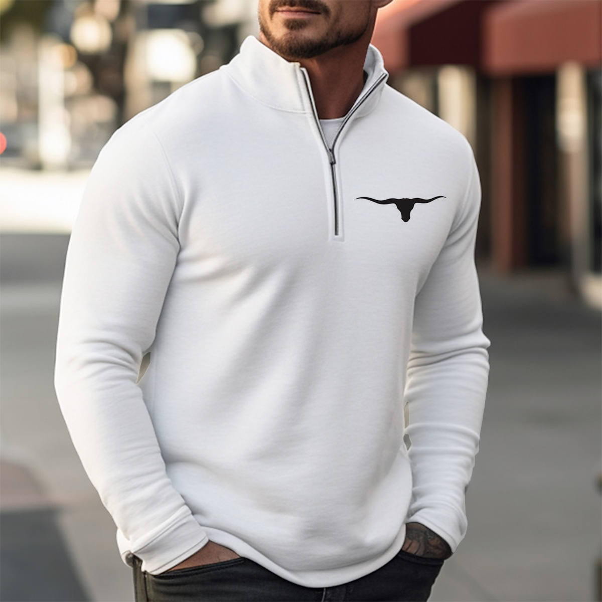 Simple Cowboy Print Casual Zip Long Sleeve Sweater