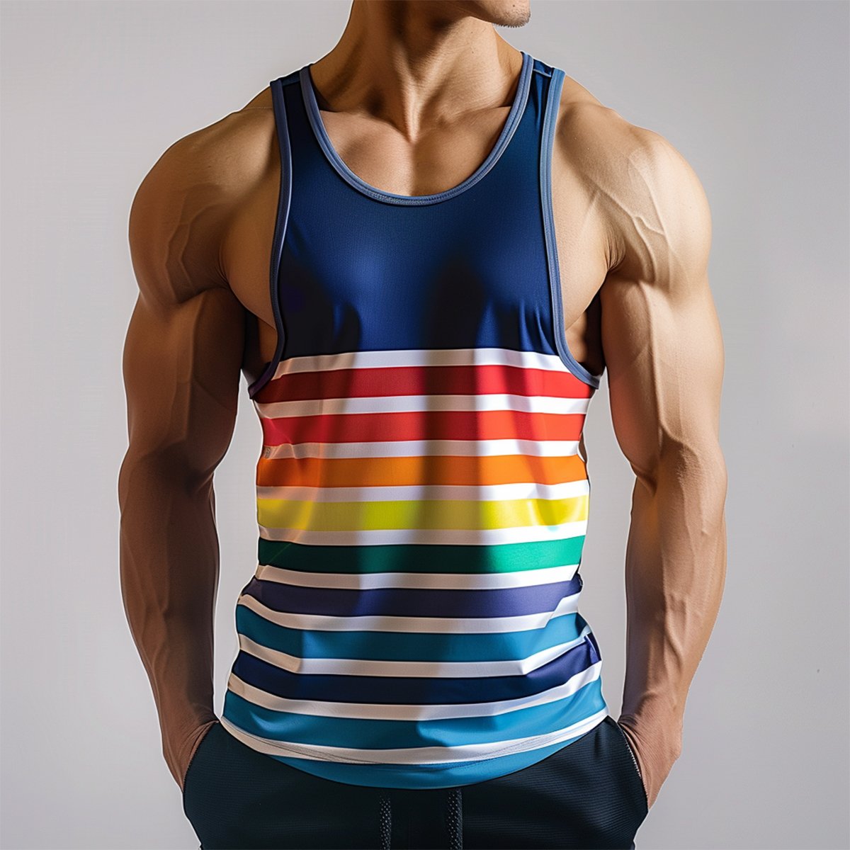 Men's Gym Muscle Tank Top Vintage Rainbow Lines Sleeveless T-shirt