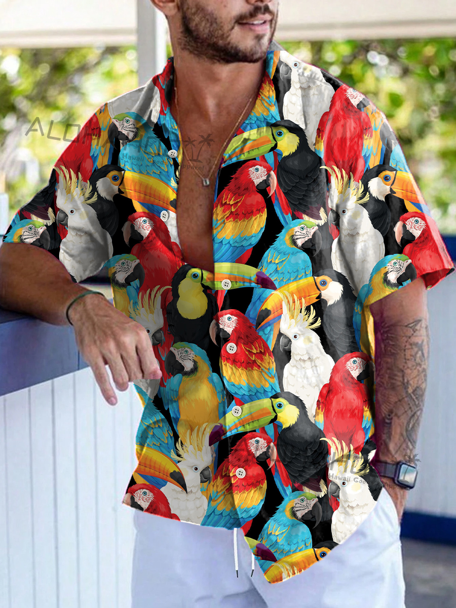 Tropical Garden Parrot Pattern Short-Sleeved Hawaiian Shirt